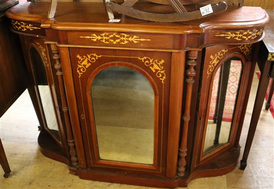 Mahogany and marquetry credenza, with shaped front, turned columns and three dome-top mirrored doors